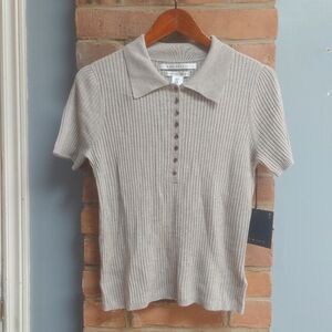 Max Studio Taupe Ribbed Short Sleeve Button Polo